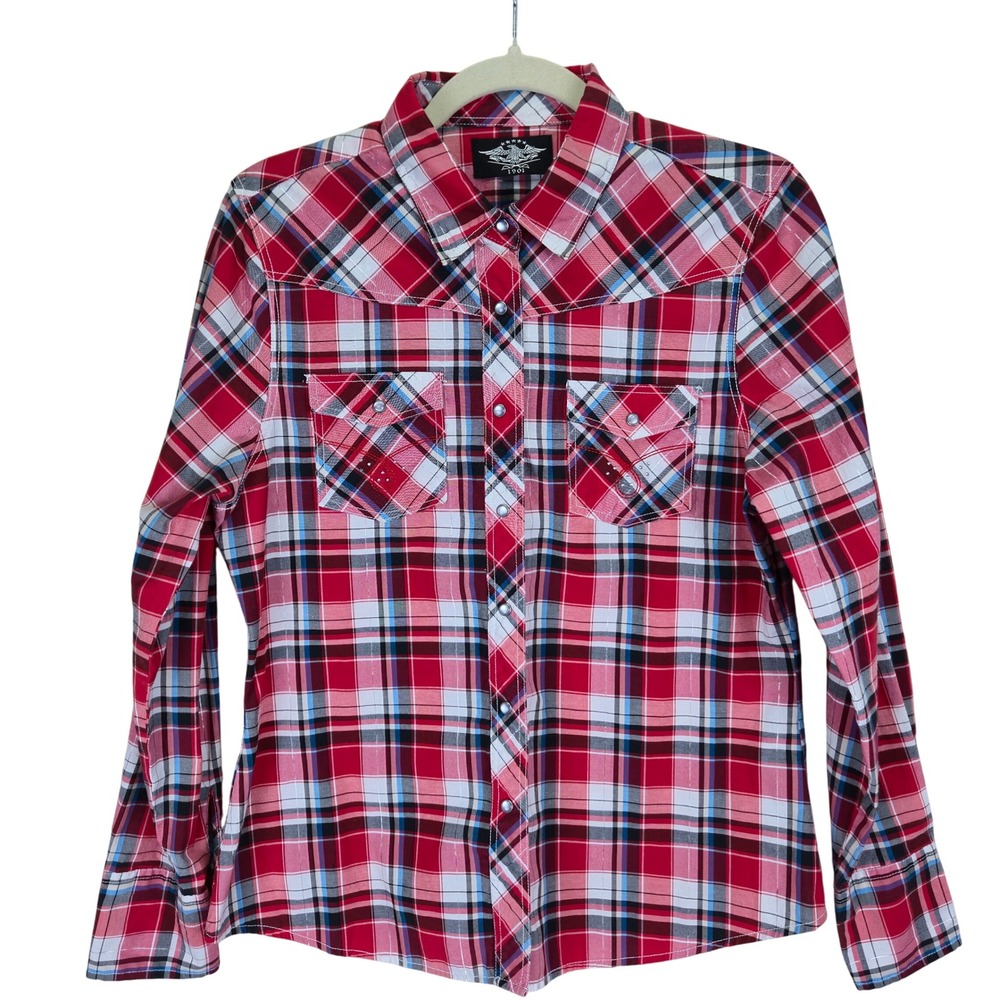 1901 Women Pearl Snap Western Shirt Large Plaid Pocket Rodeo Cowgirl Red Sequins